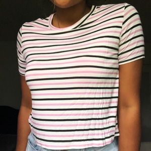 cropped striped black, white & pink shirt